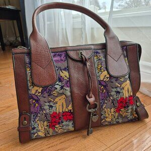 Vintage Fossil Leather Velvet Tapestry Medium Handbag Satchel